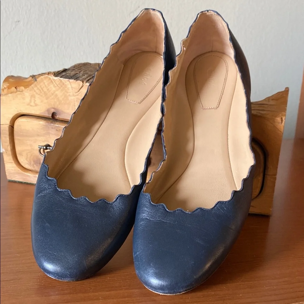 Chloe Scalloped Edge Navy Blue Flats - Picture 2 of 9